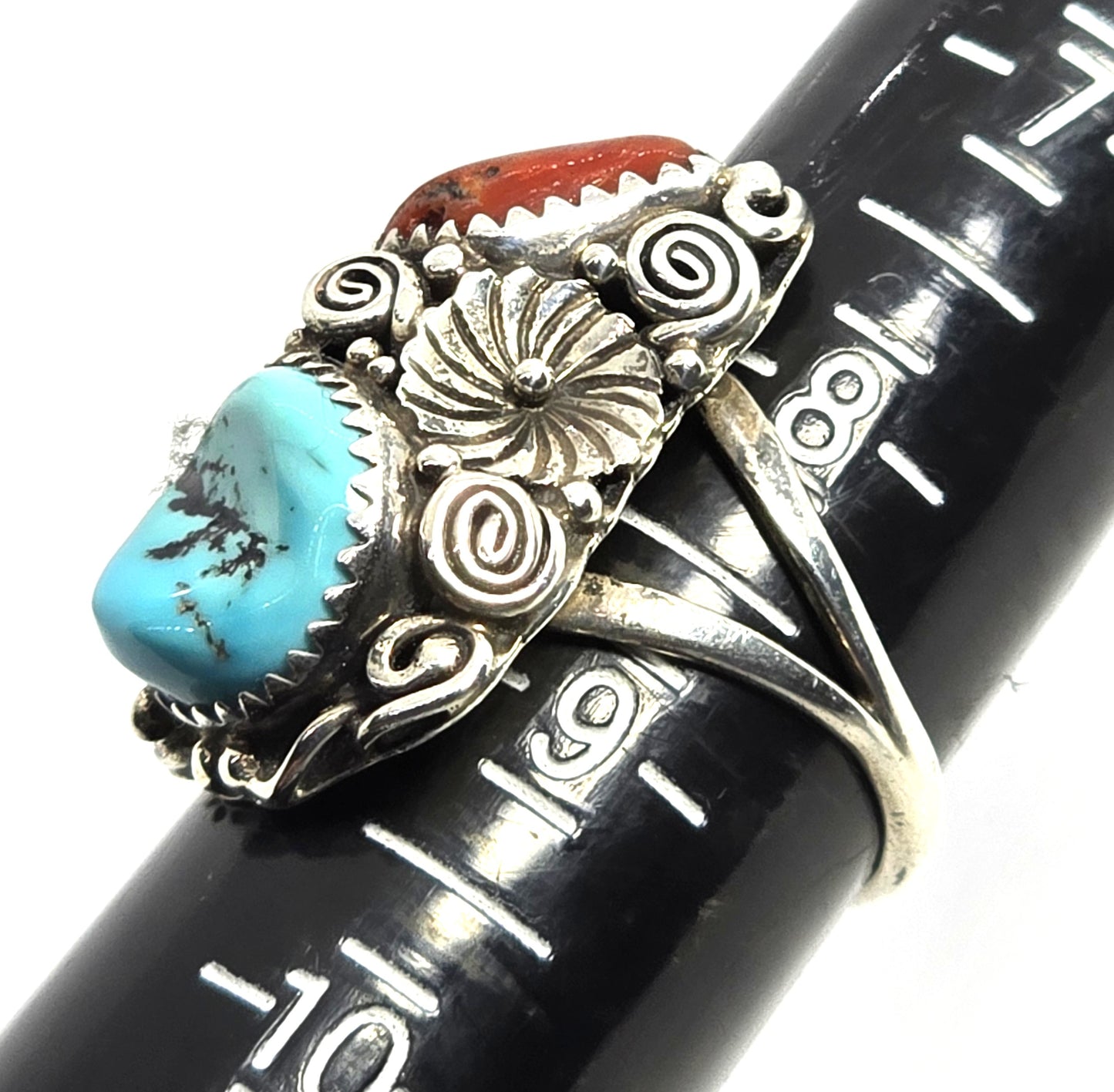 Turquoise Red coral large signed Navajo Native sterling silver ring size 8.5