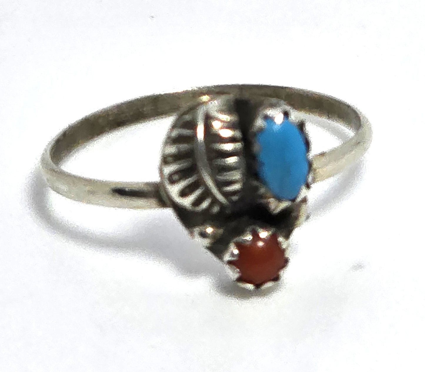 Turquoise and Red coral Navajo Native American small sterling silver ring size 8