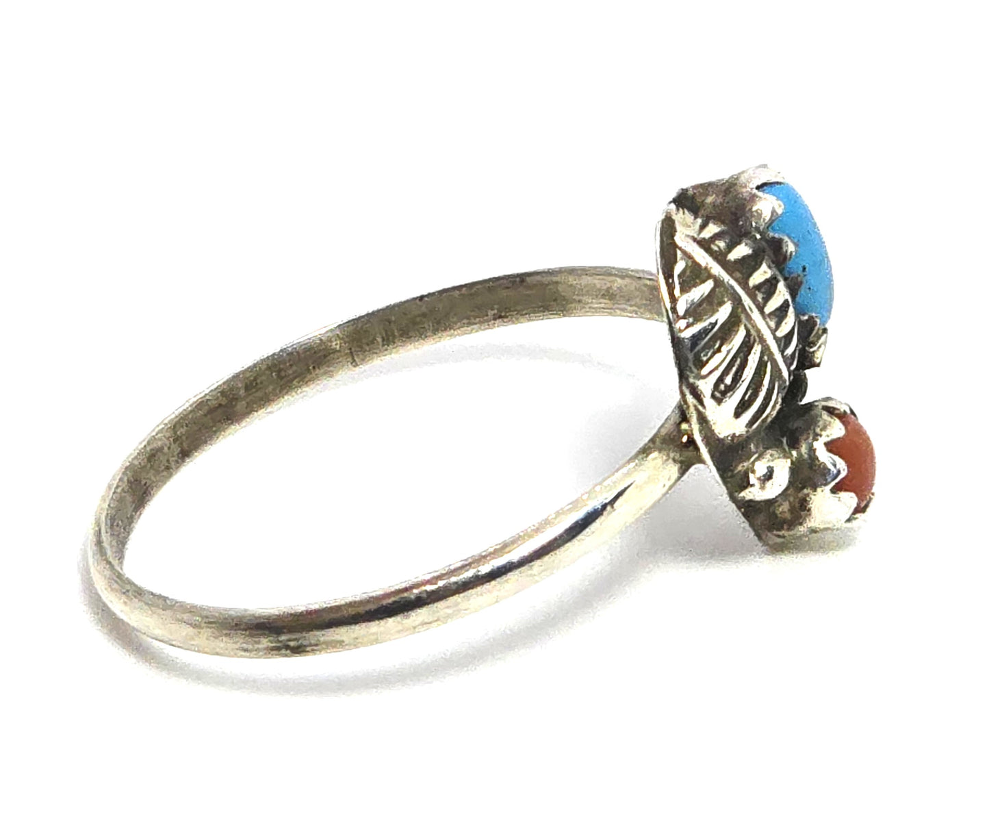 Turquoise and Red coral Navajo Native American small sterling silver ring size 8