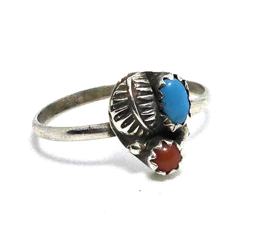 Turquoise and Red coral Navajo Native American small sterling silver ring size 8