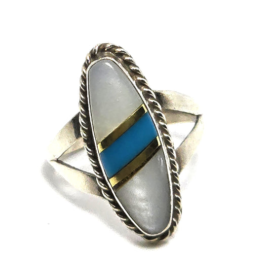 Mother of pearl turquoise SJ Zuni vintage sterling silver gold inlay ring size 7.5