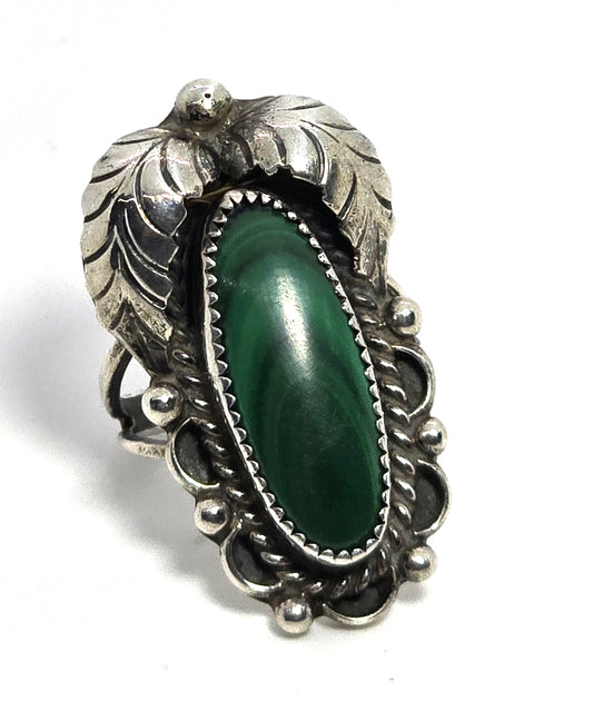 SF Malachite large Navajo Native American feather sterling silver ring size 6