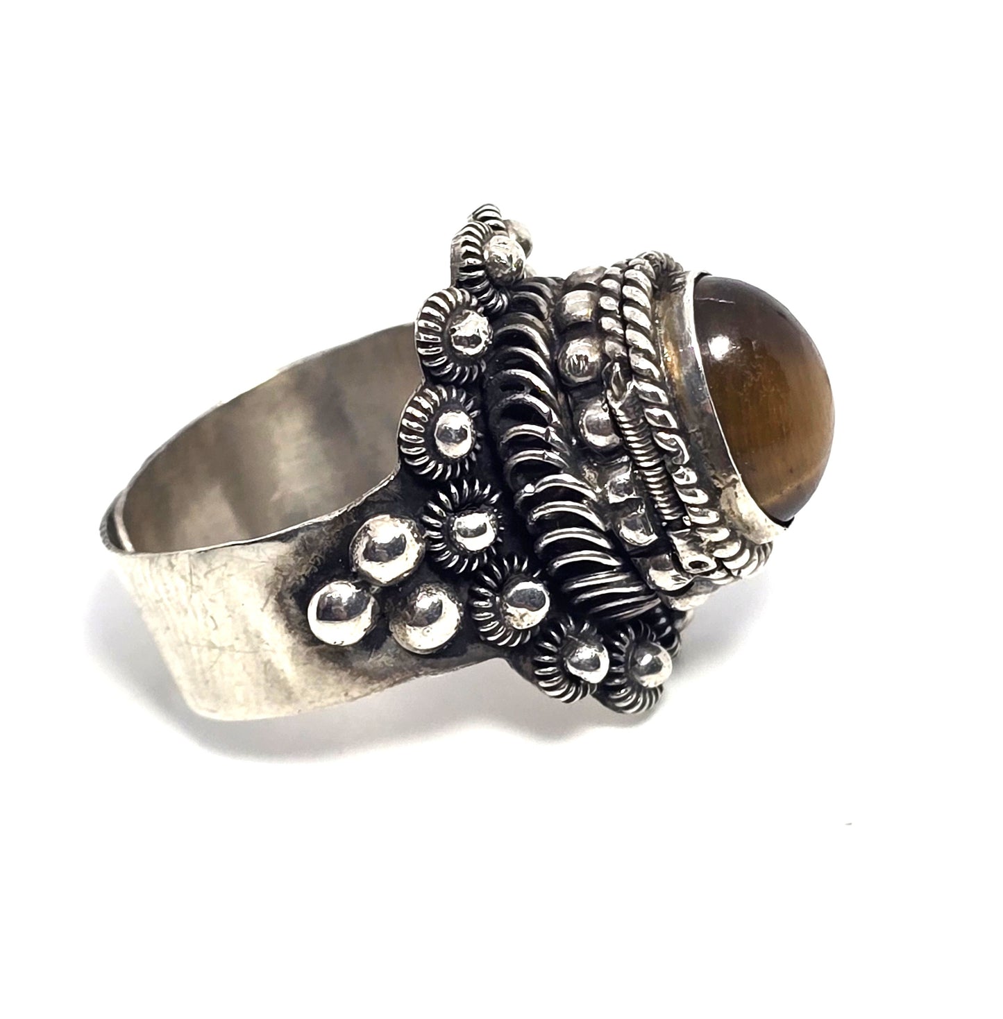 Tiger's eye Mexican Taxco sterling silver vintage Poison ring eagle mark size 9