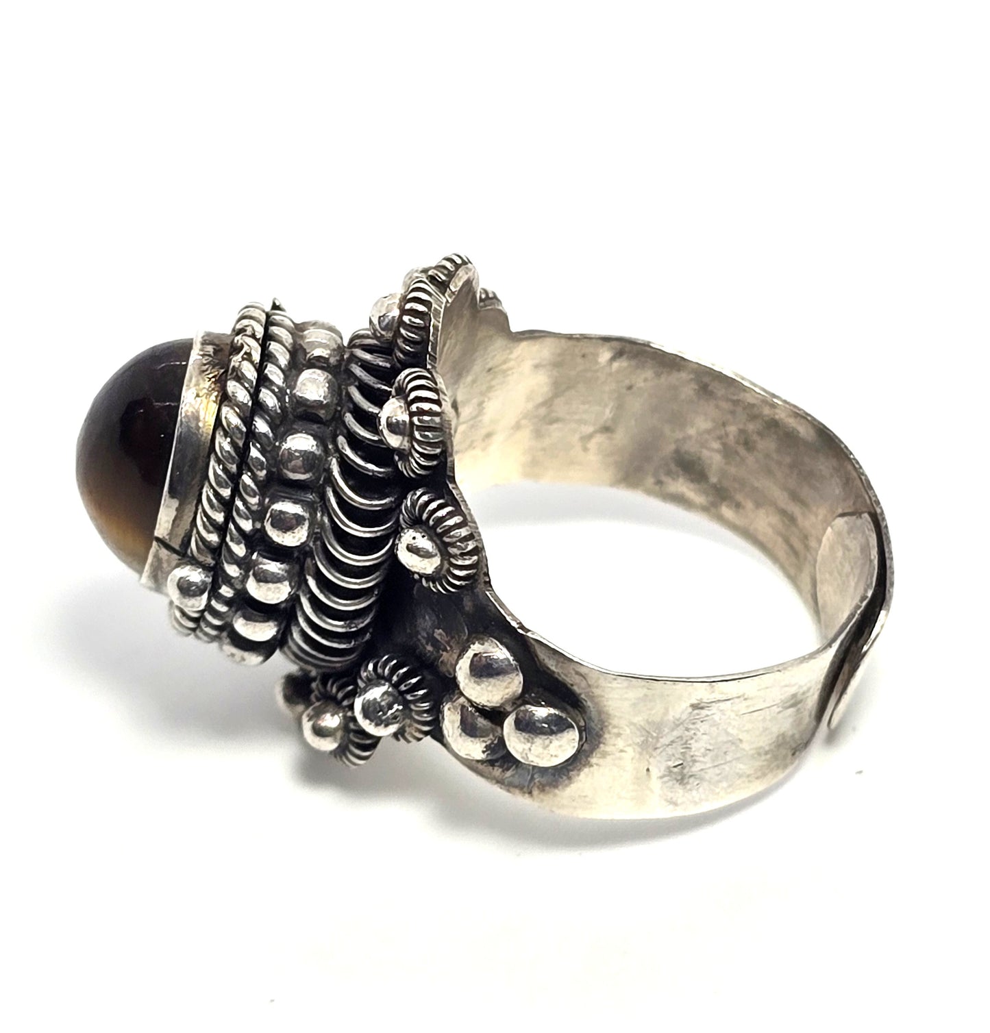 Tiger's eye Mexican Taxco sterling silver vintage Poison ring eagle mark size 9