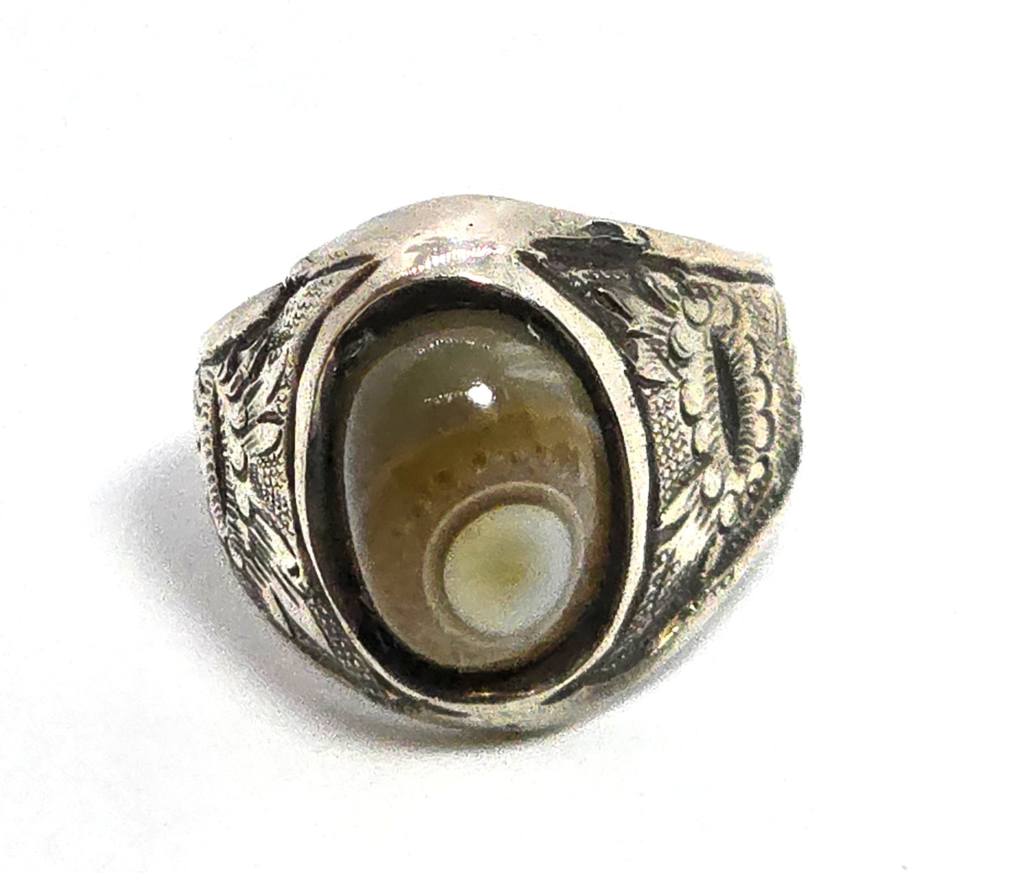 Natural Yemen Agate Aqeeq protection eye vintage sterling silver lotus ring size 6.5