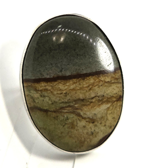 Landscape picture Jasper large split shank vintage sterling silver ring size 8