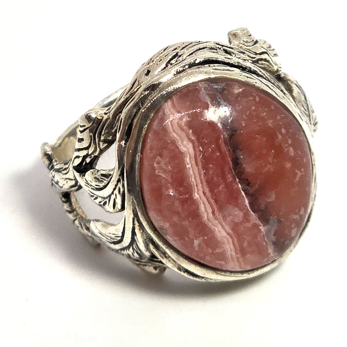 Rhodochrosite large banded pink gemstone BBJ signed sterling ring size 12.5