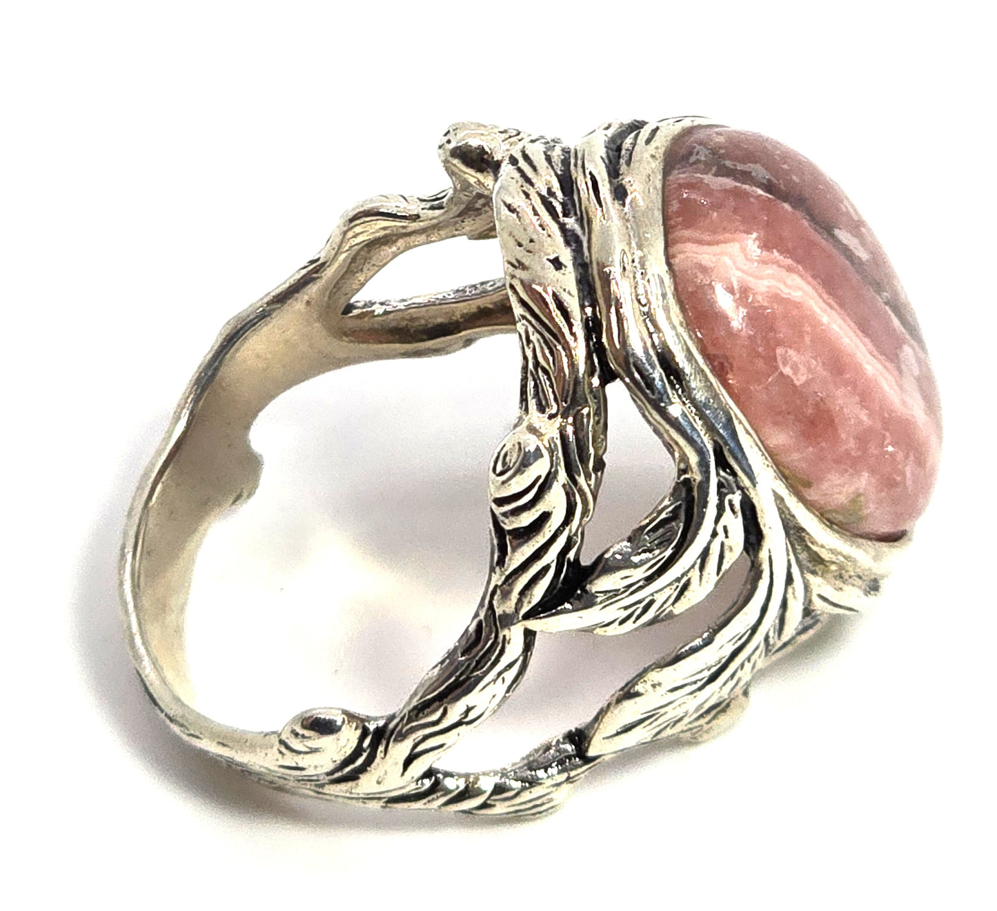 Rhodochrosite large banded pink gemstone BBJ signed sterling ring size 12.5