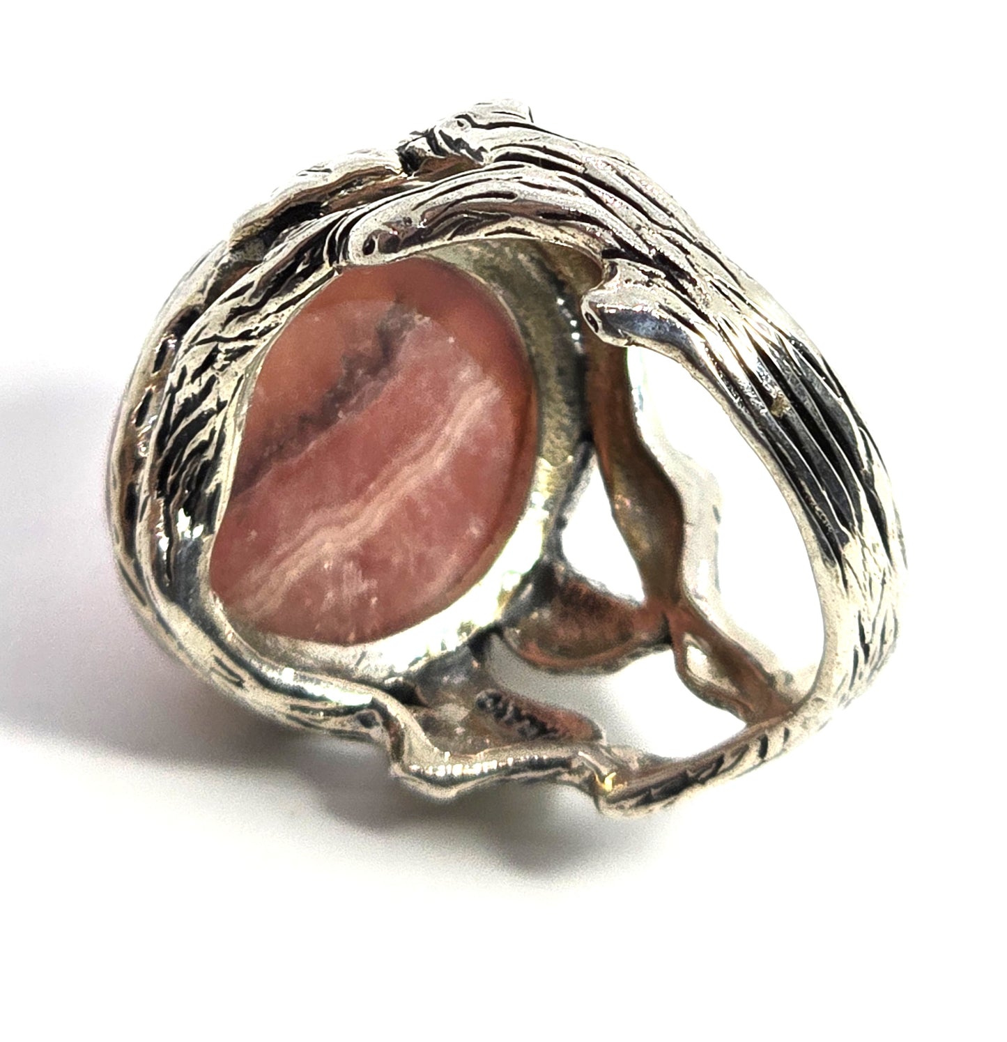 Rhodochrosite large banded pink gemstone BBJ signed sterling ring size 12.5