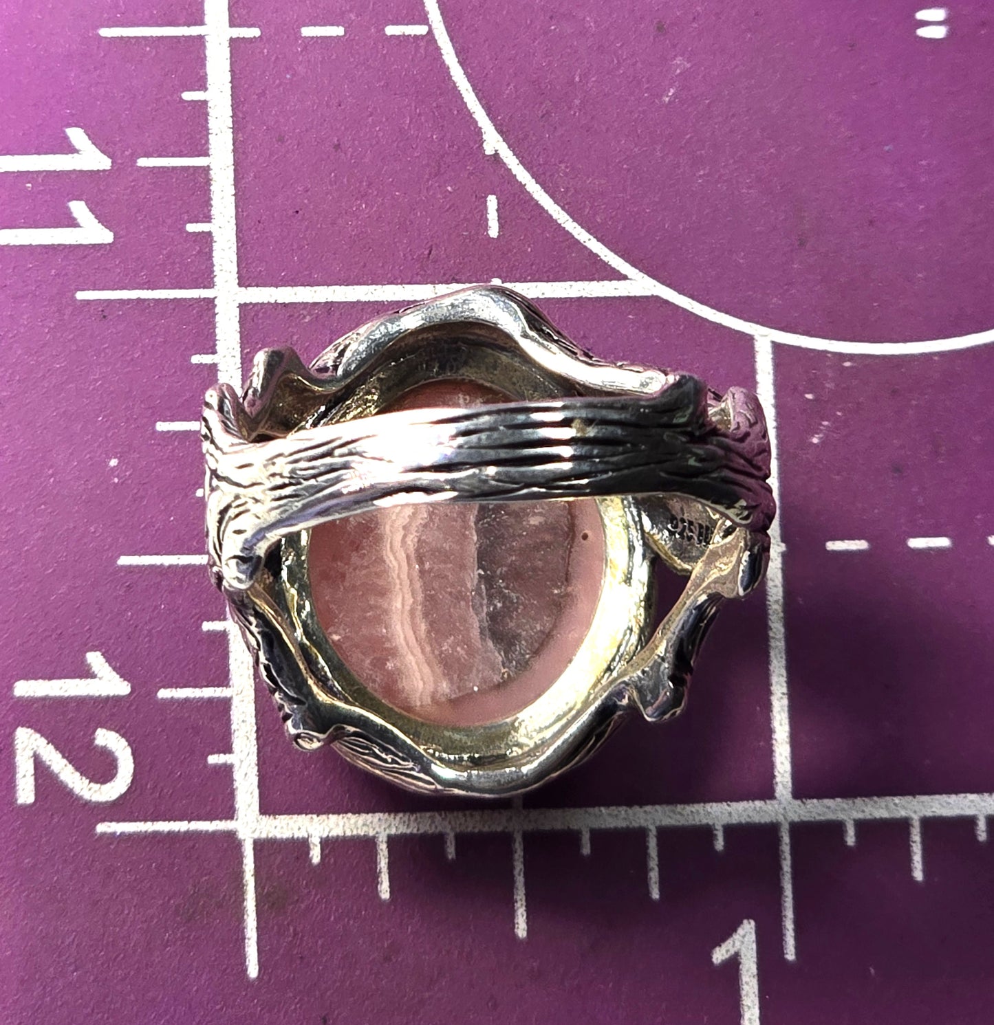 Rhodochrosite large banded pink gemstone BBJ signed sterling ring size 12.5