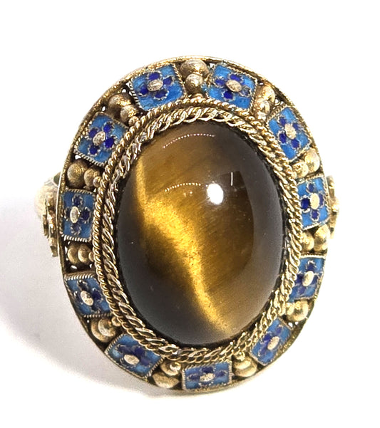 Tiger's Eye Chinese Export vintage sterling silver blue enamel ring size 8.5