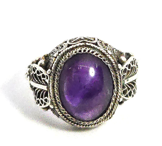Amethyst Chinese Export vintage sterling silver spun silver ring size 8.5