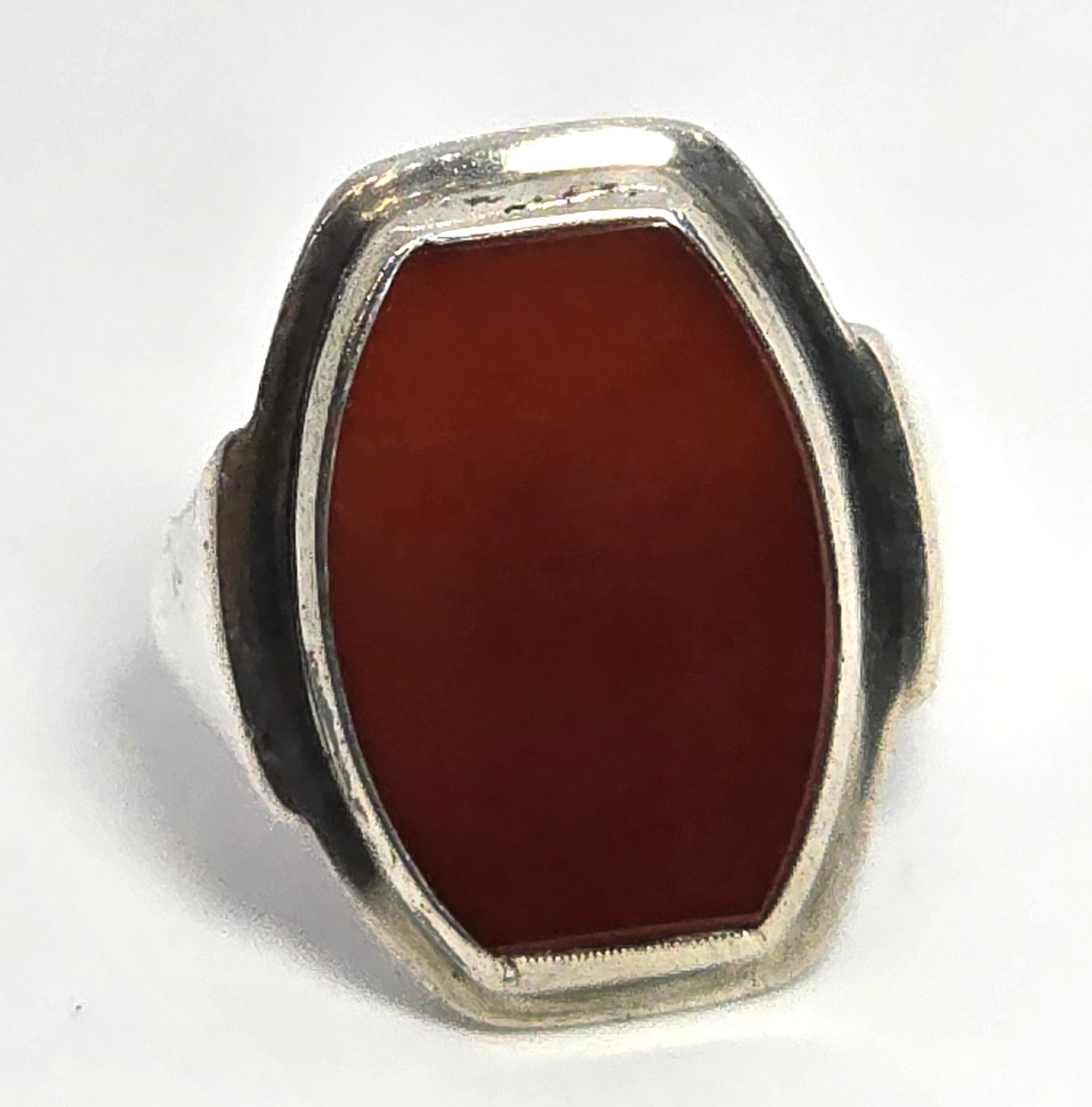 Modernist Coffin cut Carnelian gemstone sterling silver vintage signet ring size 8