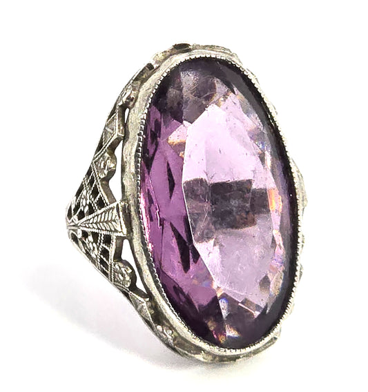 Art Deco Purple paste large open work sterling silver vintage filigree ring size 4.75