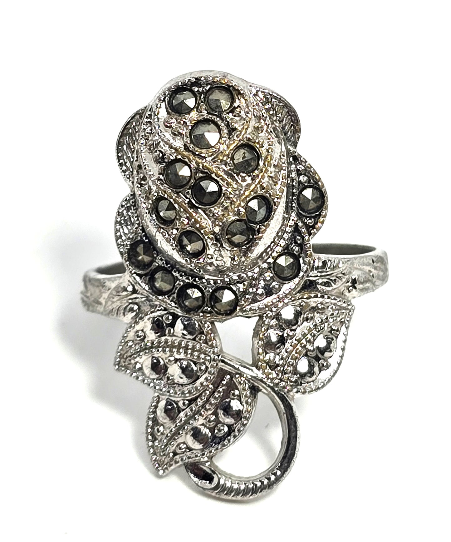 Clark and Coombs electroplated rhodium marcasite rose flower ring size 9.5