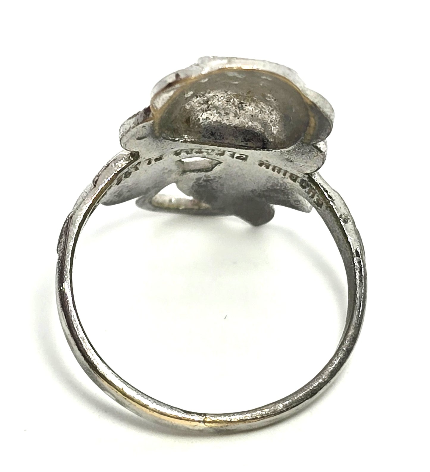 Clark and Coombs electroplated rhodium marcasite rose flower ring size 9.5