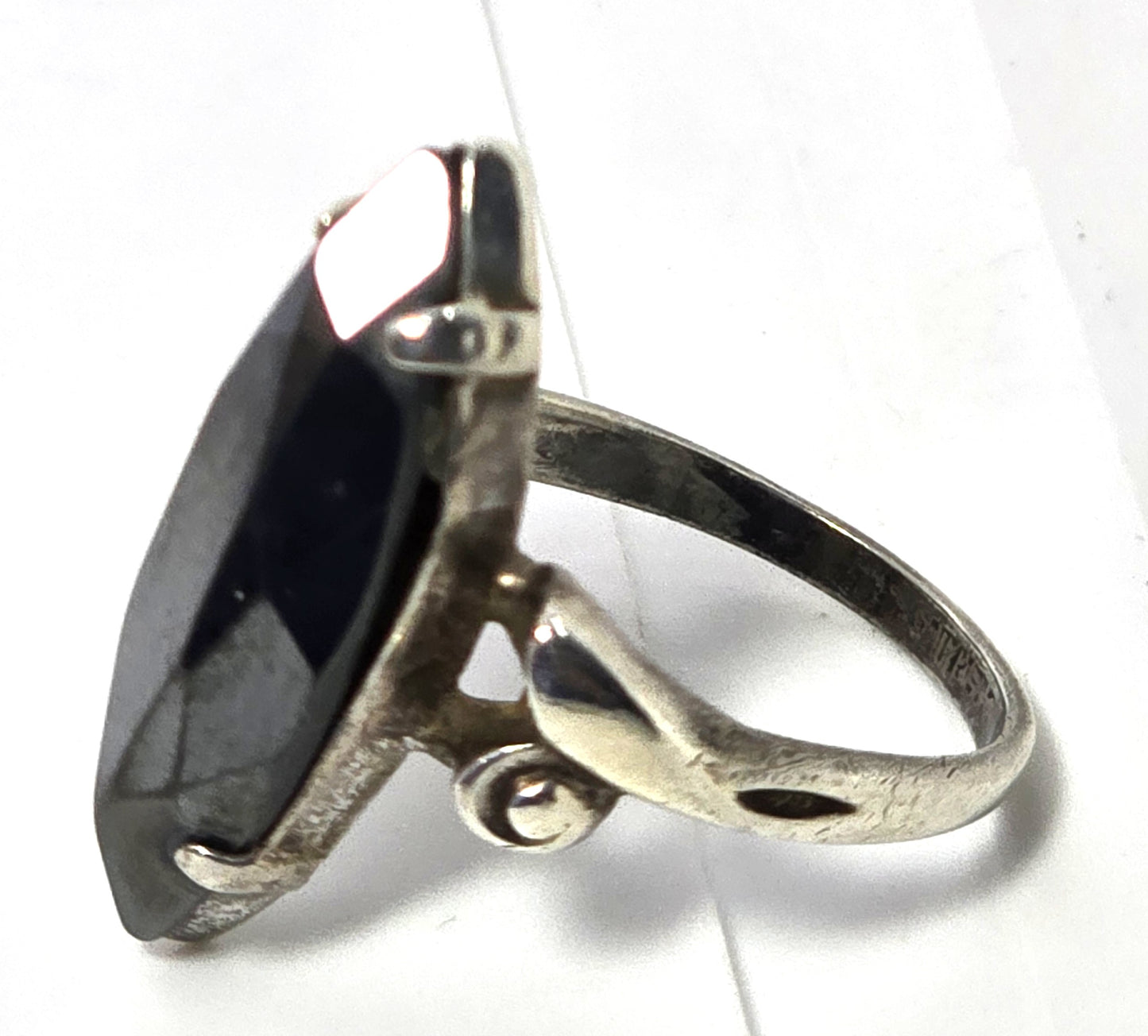 Clark and Coombs rhodium plated sterling silver hematite Art Deco ring size 6