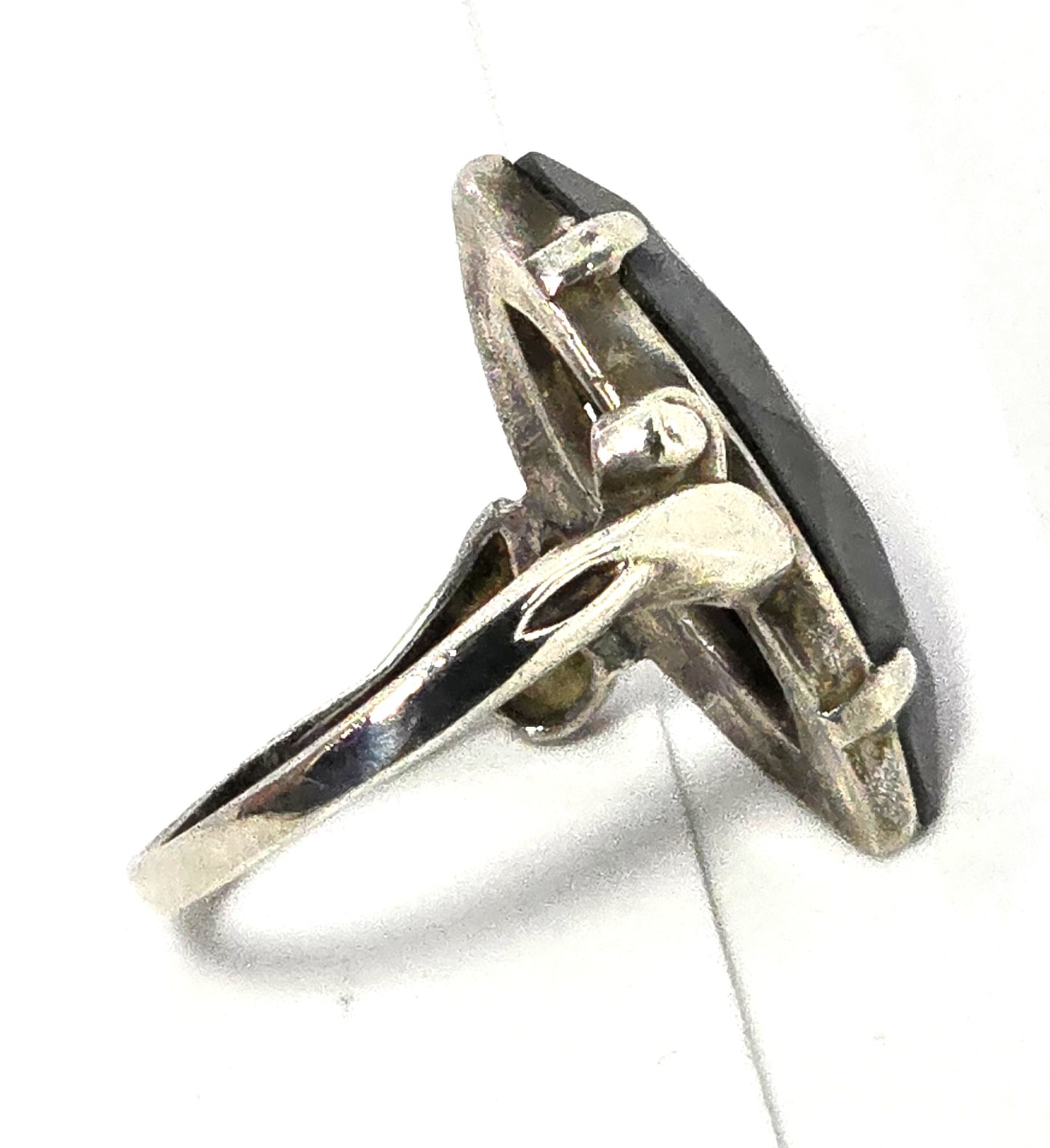 Clark and Coombs rhodium plated sterling silver hematite Art Deco ring size 6