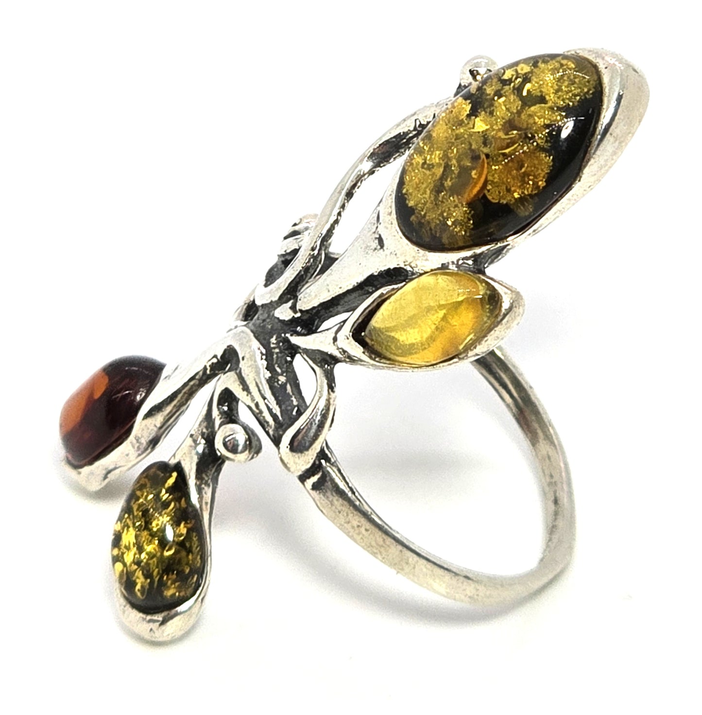 Baltic Amber Large three color cab abstract sterling silver statement ring size 7.5