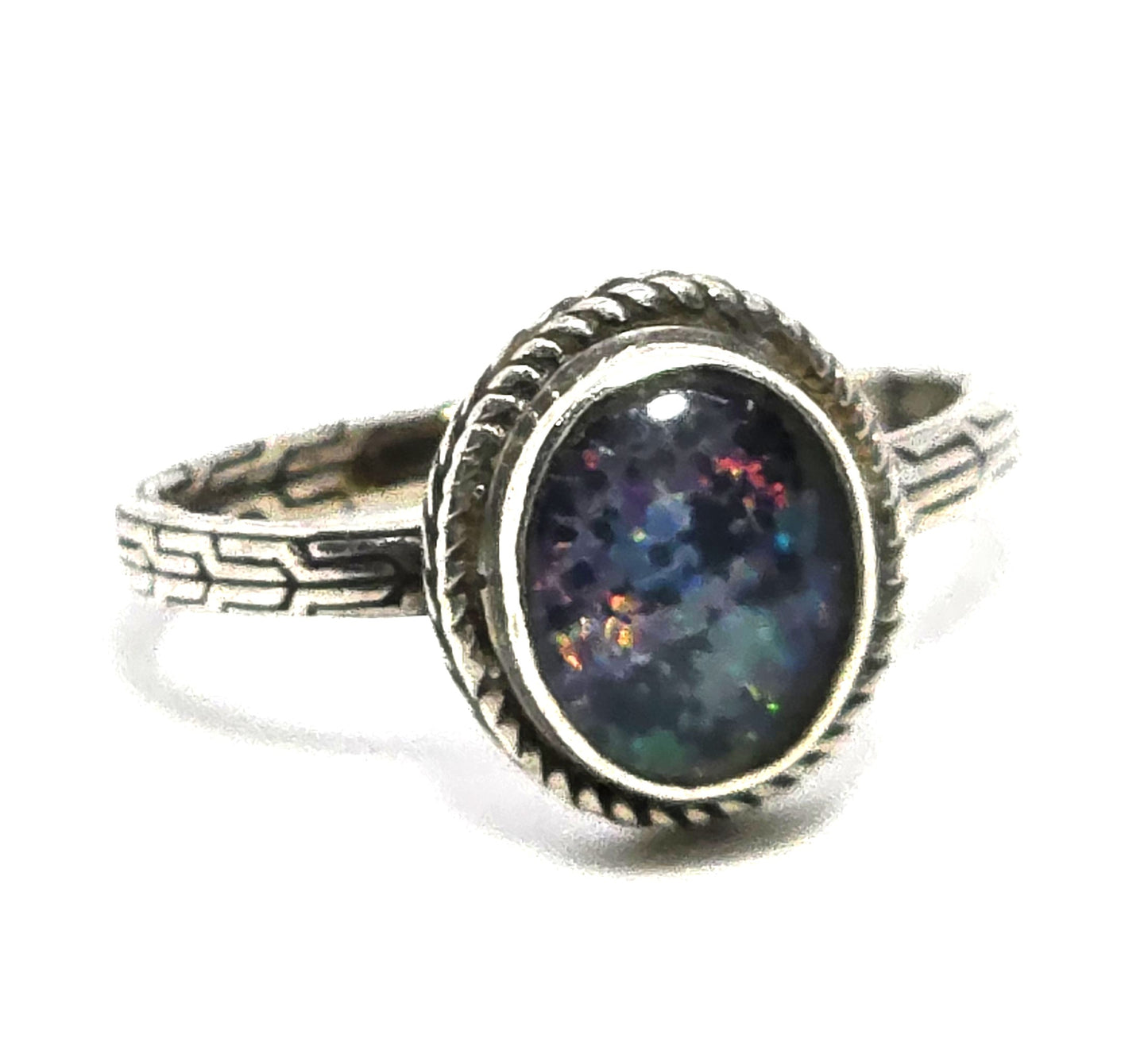 Blue opal triplet bezel set twisted halo embossed band sterling silver ring size 10.5
