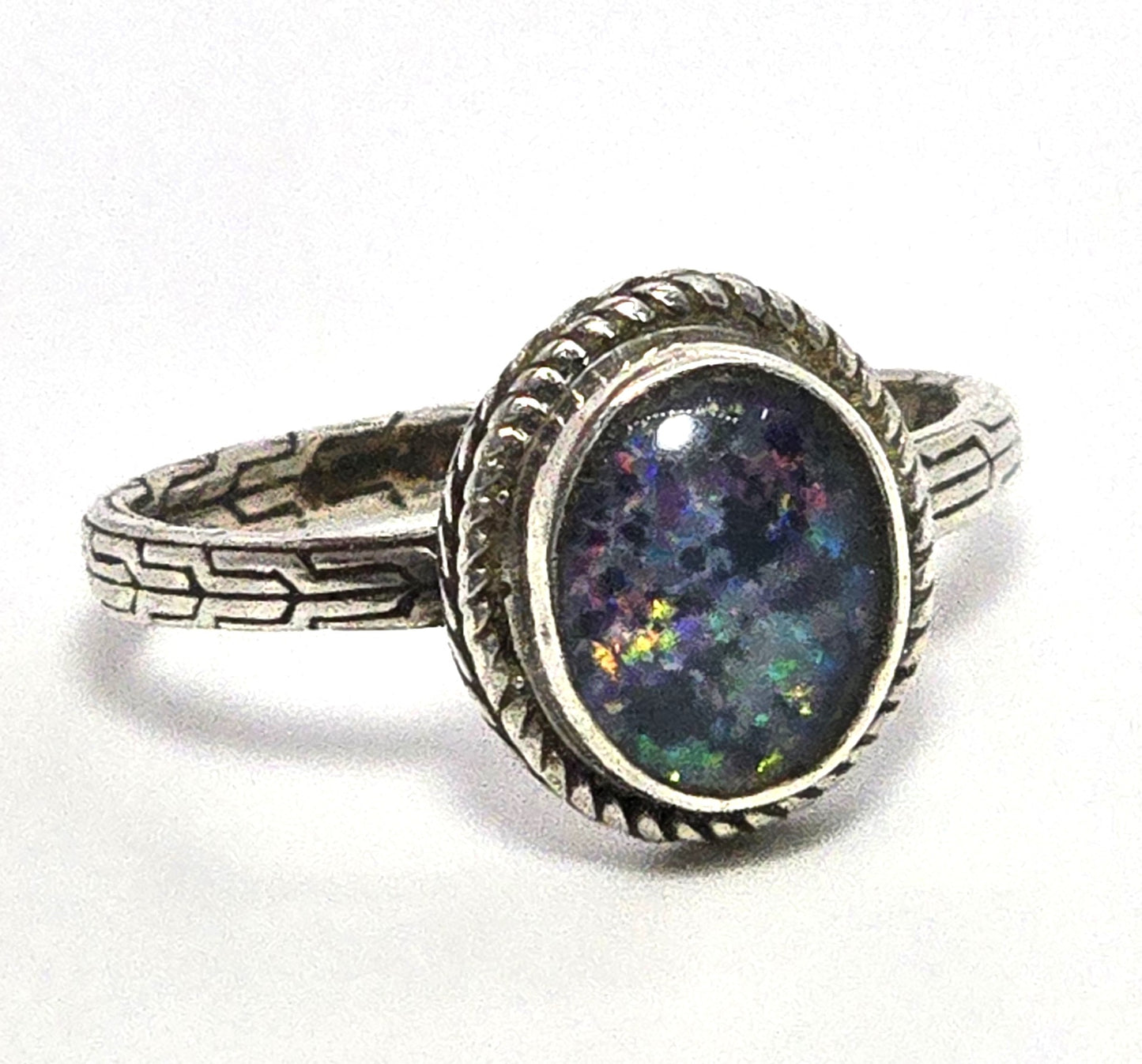Blue opal triplet bezel set twisted halo embossed band sterling silver ring size 10.5