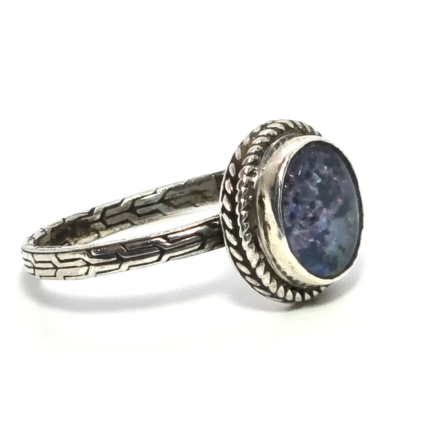 Blue opal triplet bezel set twisted halo embossed band sterling silver ring size 10.5