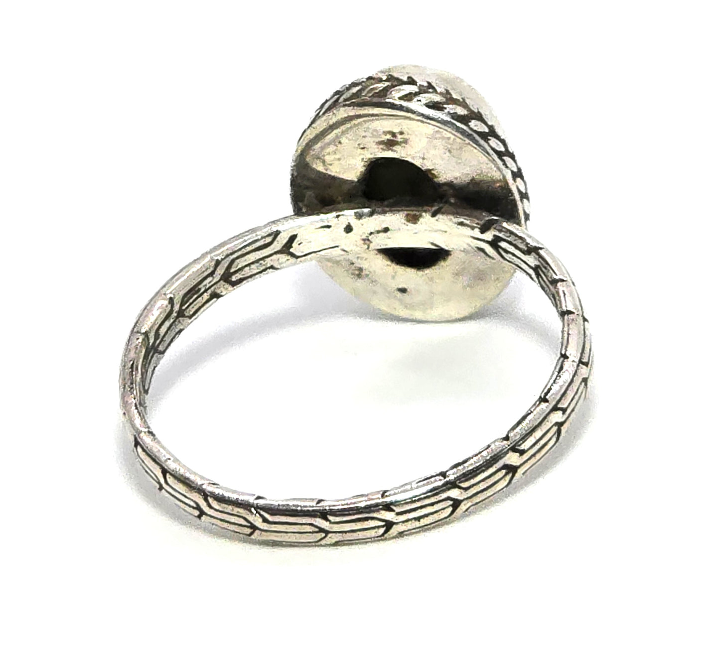 Blue opal triplet bezel set twisted halo embossed band sterling silver ring size 10.5