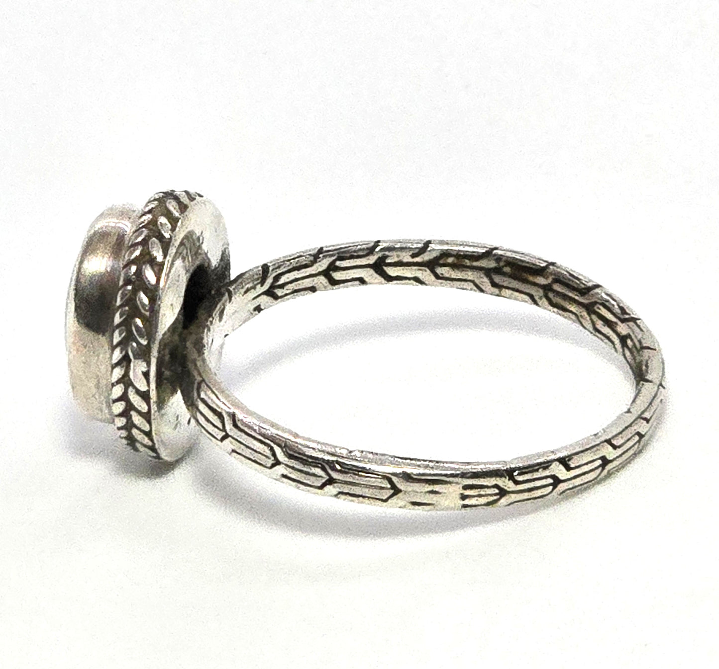 Blue opal triplet bezel set twisted halo embossed band sterling silver ring size 10.5