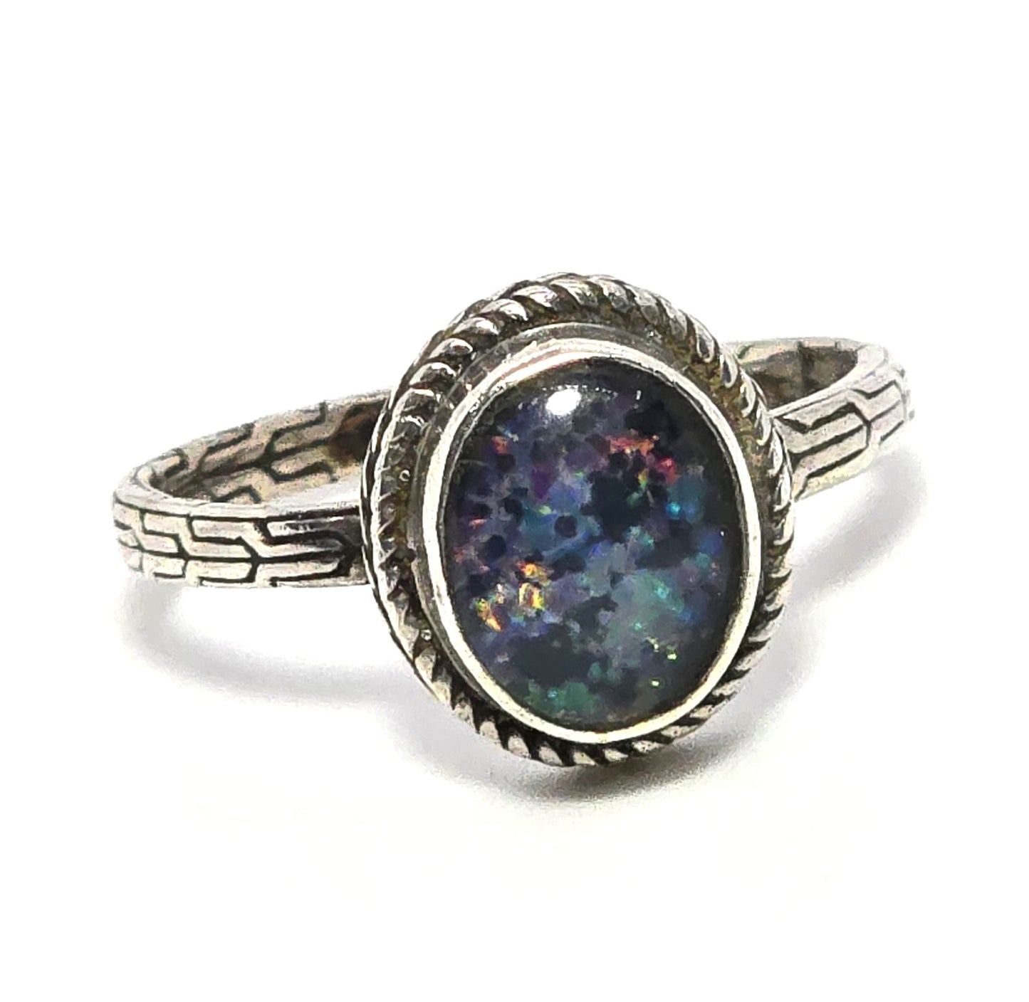 Blue opal triplet bezel set twisted halo embossed band sterling silver ring size 10.5