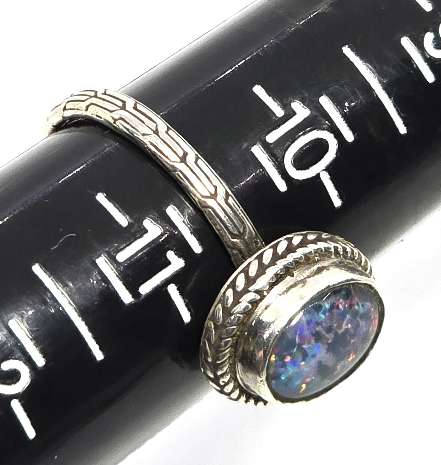 Blue opal triplet bezel set twisted halo embossed band sterling silver ring size 10.5