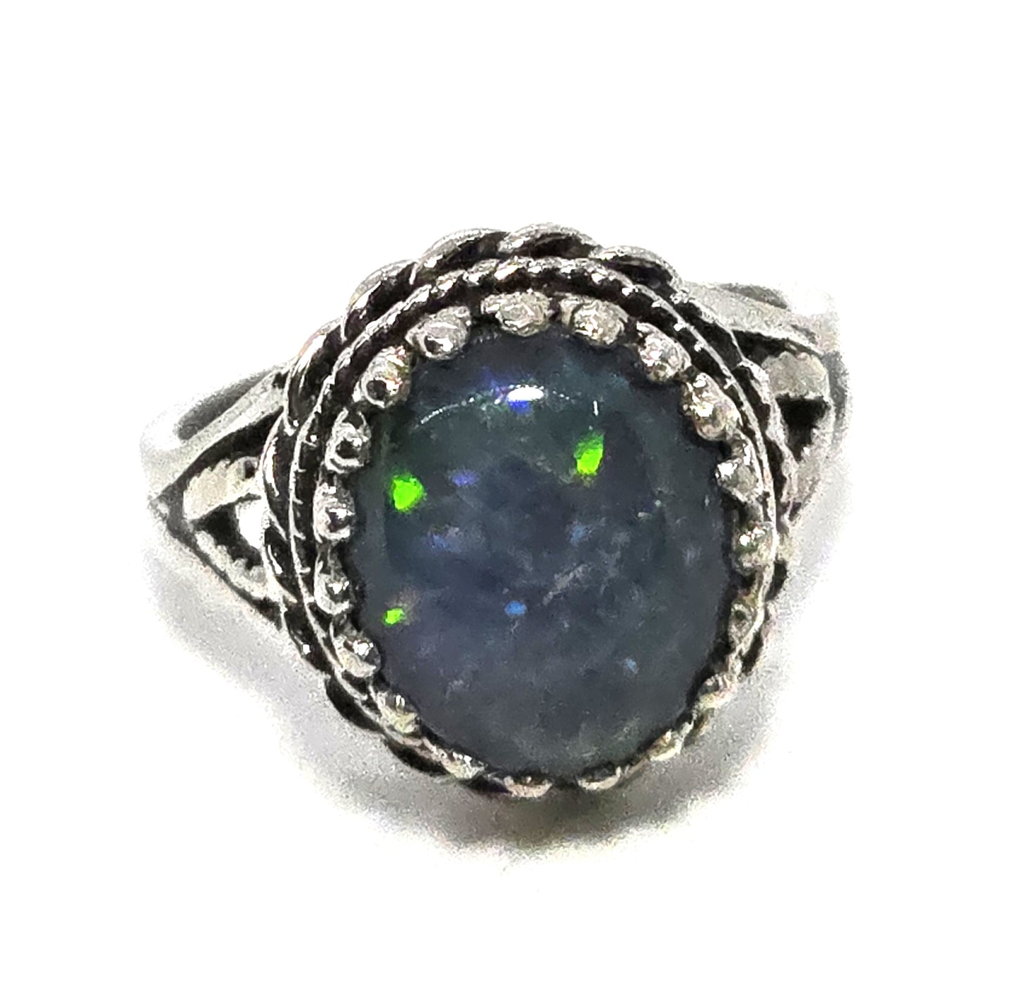 PC Black opal twisted halo signed vintage sterling silver ring size 7