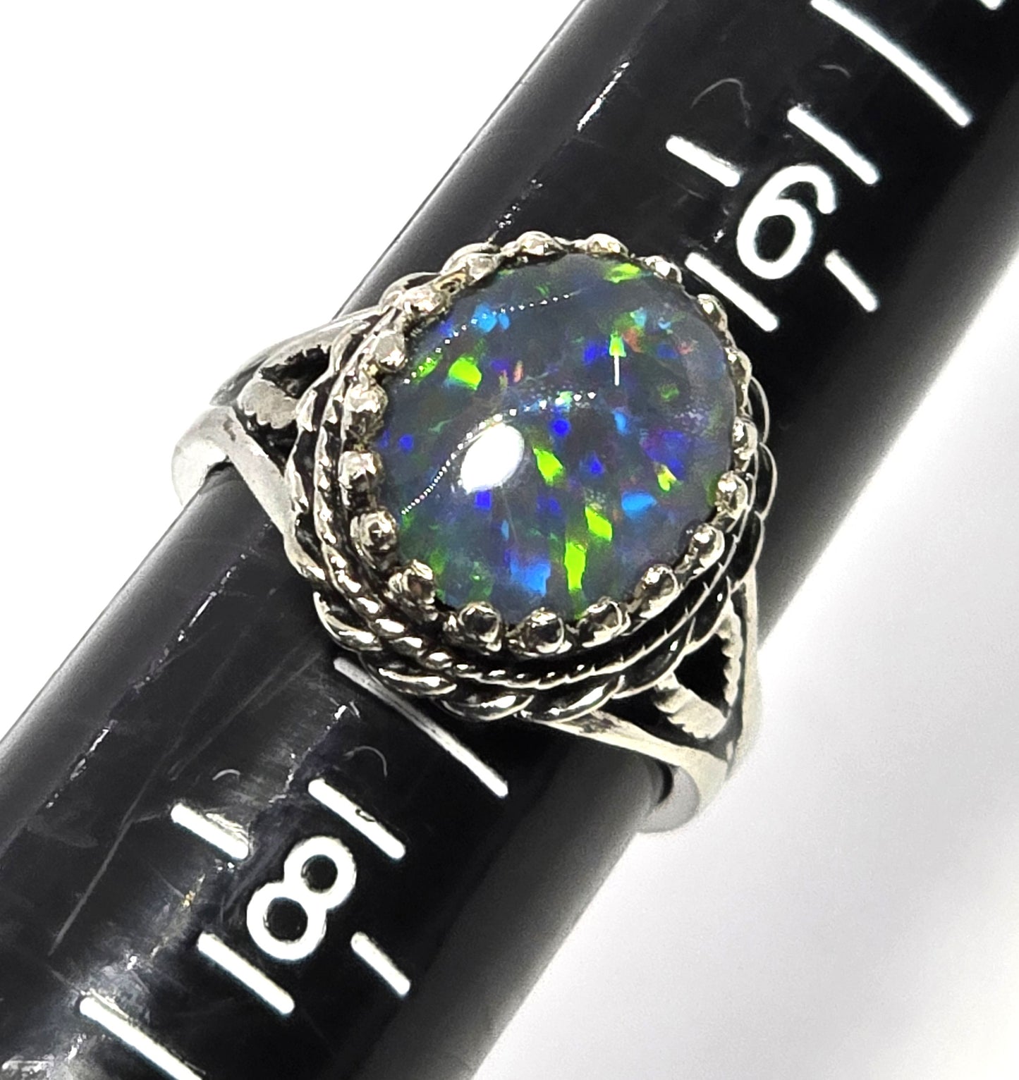 PC Black opal twisted halo signed vintage sterling silver ring size 7
