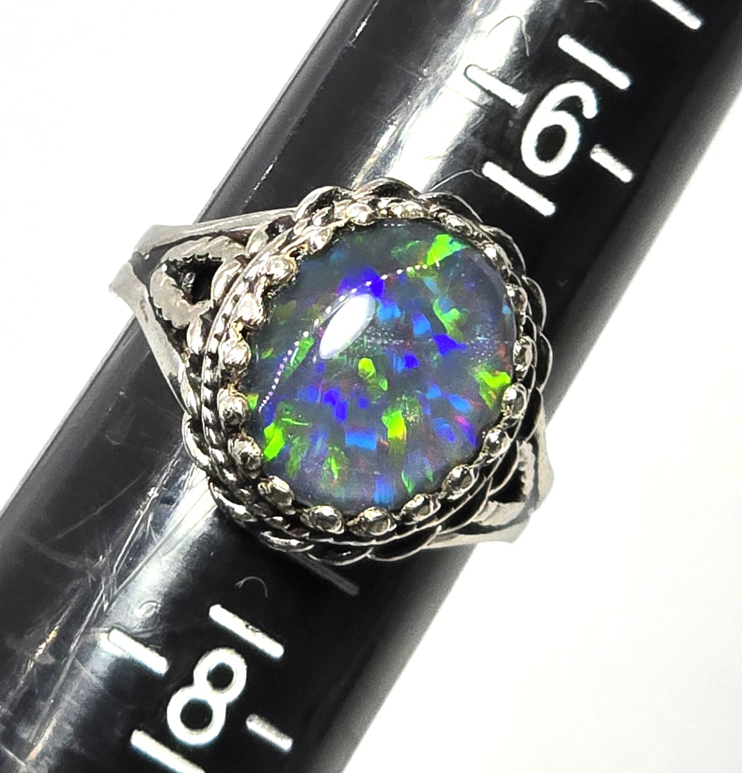 PC Black opal twisted halo signed vintage sterling silver ring size 7