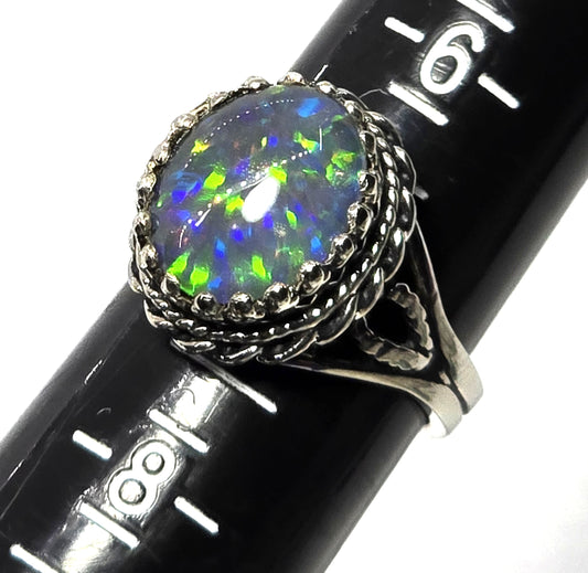 PC Black opal twisted halo signed vintage sterling silver ring size 7