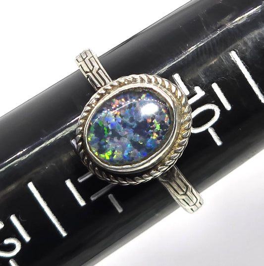 Blue opal triplet bezel set twisted halo embossed band sterling silver ring size 10.5