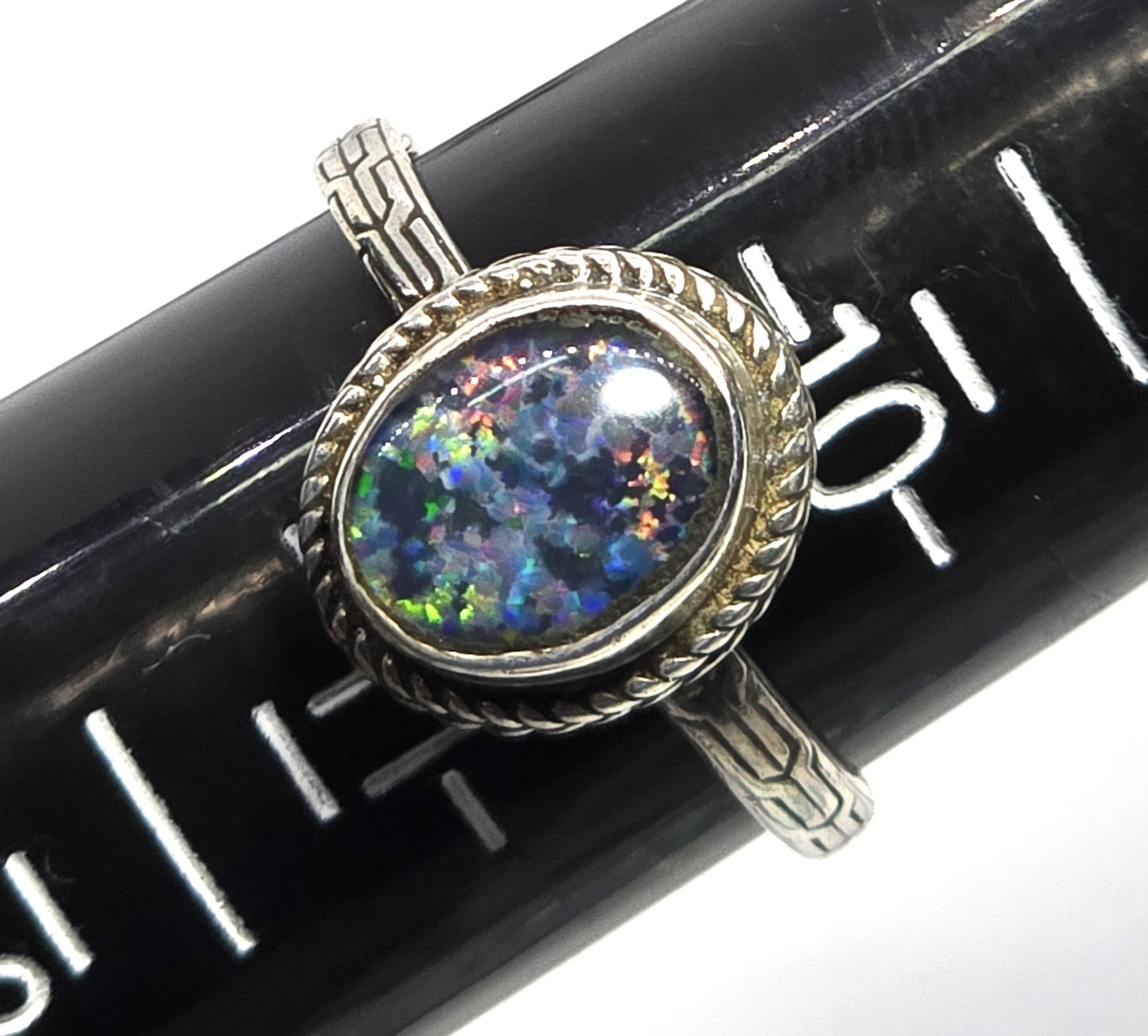 Blue opal triplet bezel set twisted halo embossed band sterling silver ring size 10.5
