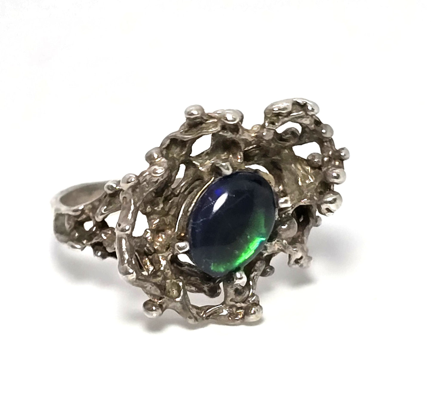 Brutalist black opal triplet crafted retro vintage sterling silver ring size 8
