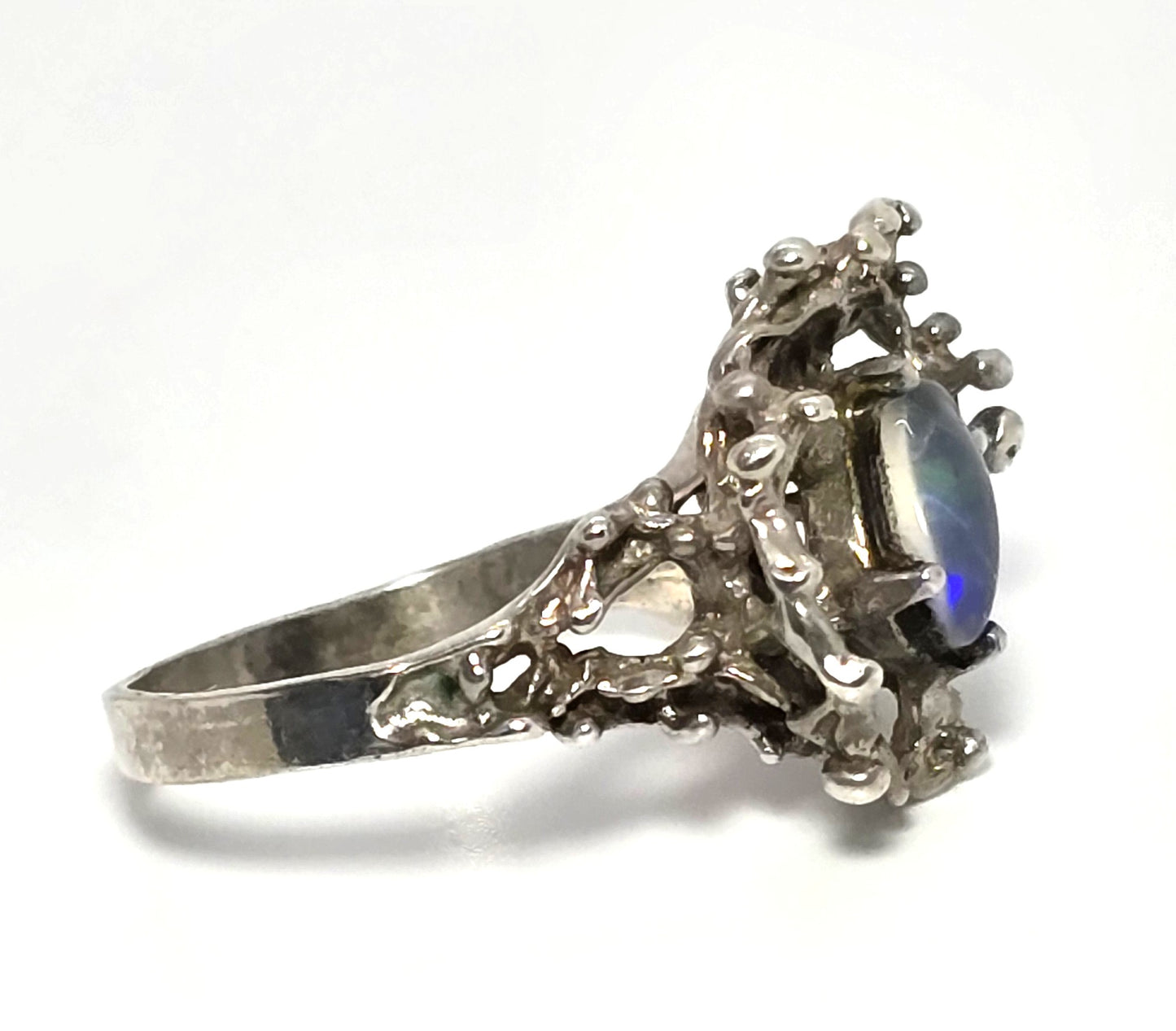 Brutalist black opal triplet crafted retro vintage sterling silver ring size 8