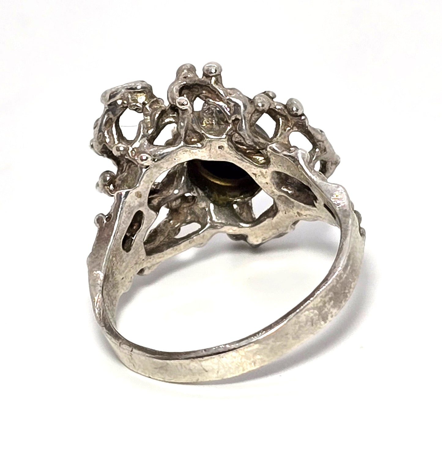 Brutalist black opal triplet crafted retro vintage sterling silver ring size 8