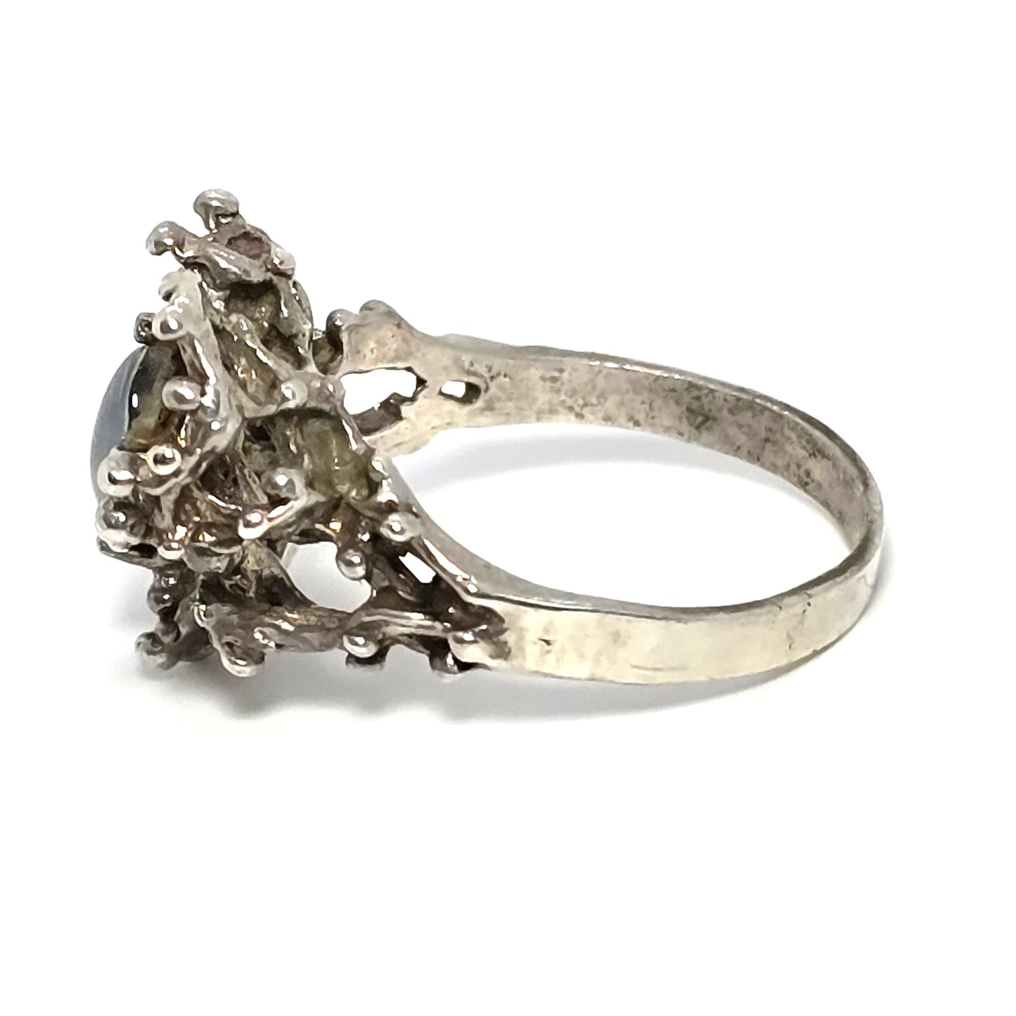 Brutalist black opal triplet crafted retro vintage sterling silver ring size 8