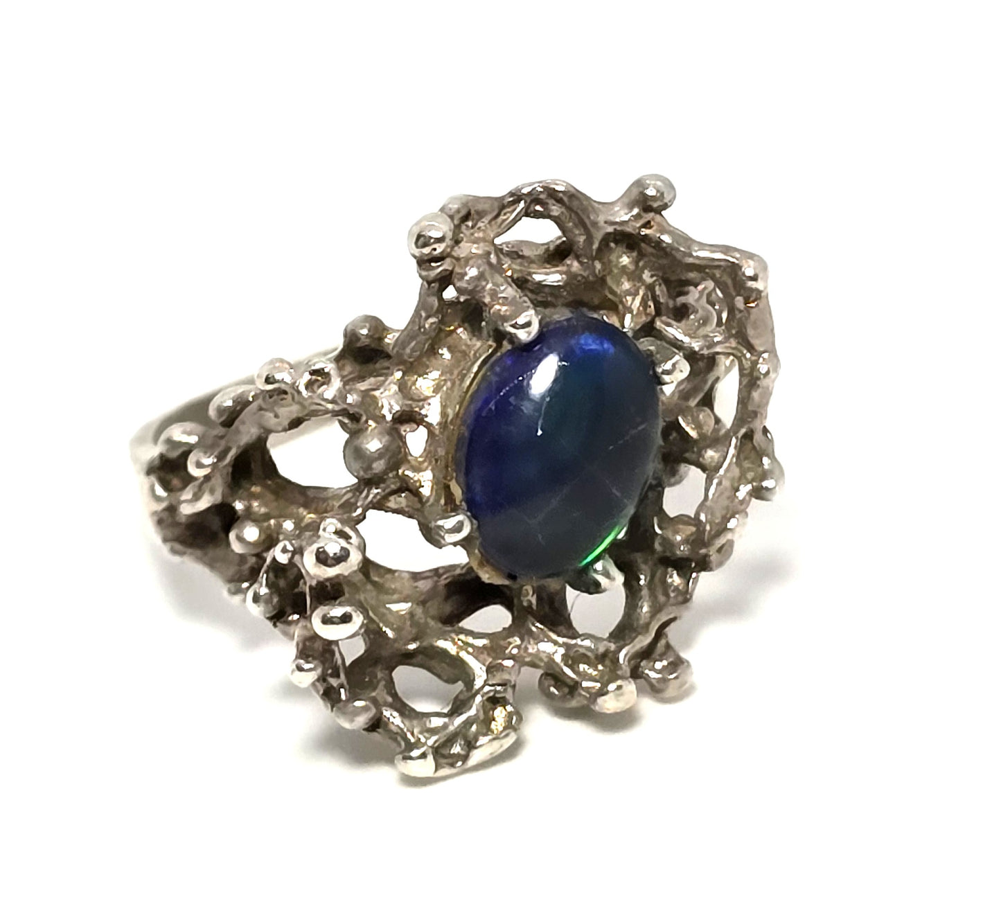 Brutalist black opal triplet crafted retro vintage sterling silver ring size 8