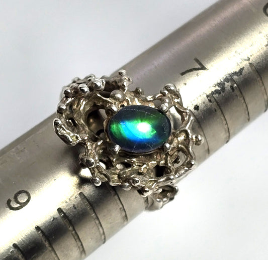 Brutalist black opal triplet crafted retro vintage sterling silver ring size 8