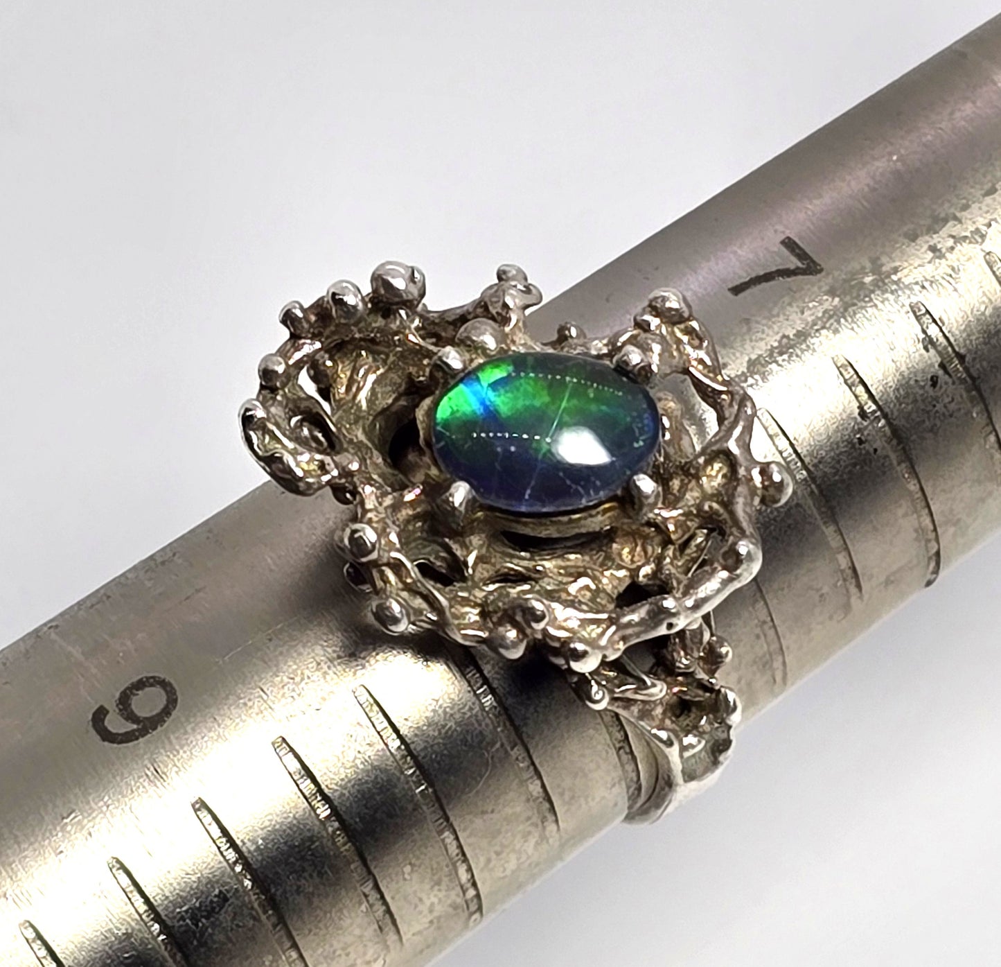 Brutalist black opal triplet crafted retro vintage sterling silver ring size 8