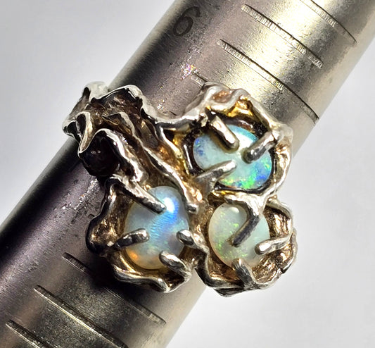 Brutalist white fire opal triplet crafted retro vintage sterling silver ring size 7