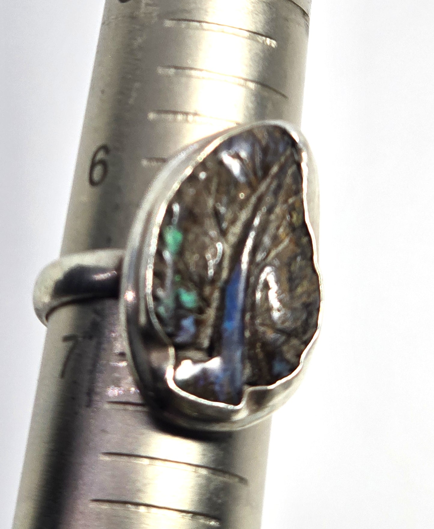 Boulder Opal carved leaf natural artisan sterling silver ring size 6.5