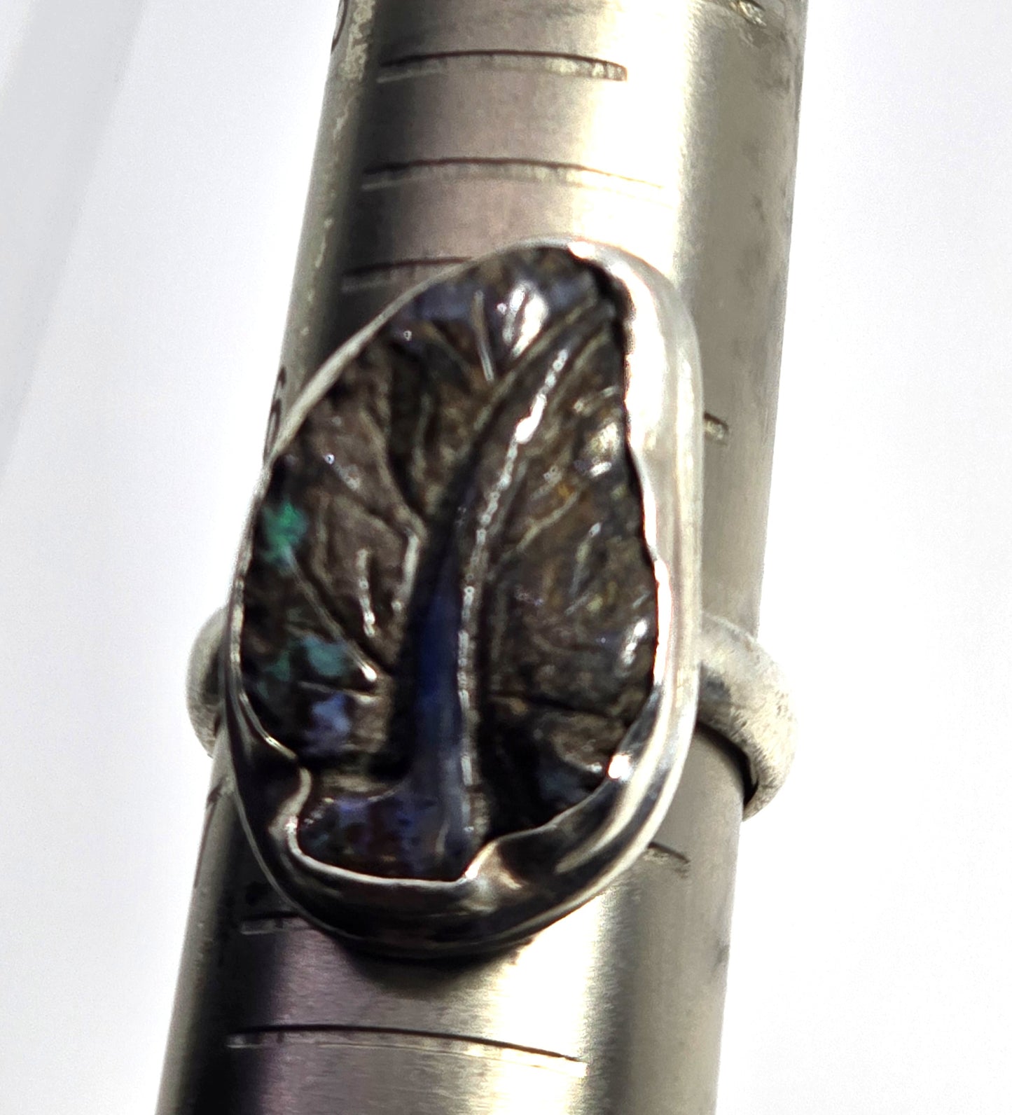 Boulder Opal carved leaf natural artisan sterling silver ring size 6.5