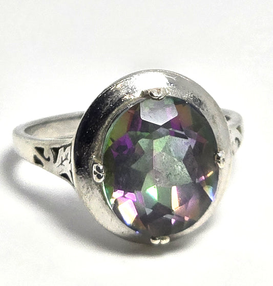 Peacock Mystic Topaz 5ct oval cut faceted sterling silver solitaire ring size 8