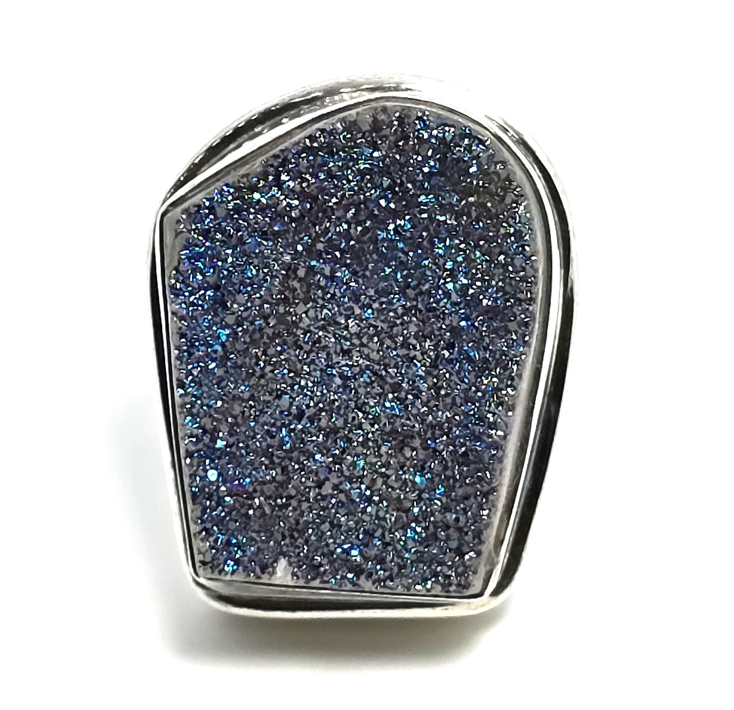 Large Peacock Aura Titanium Druzy quartz gemstone sterling silver ring size 7.5