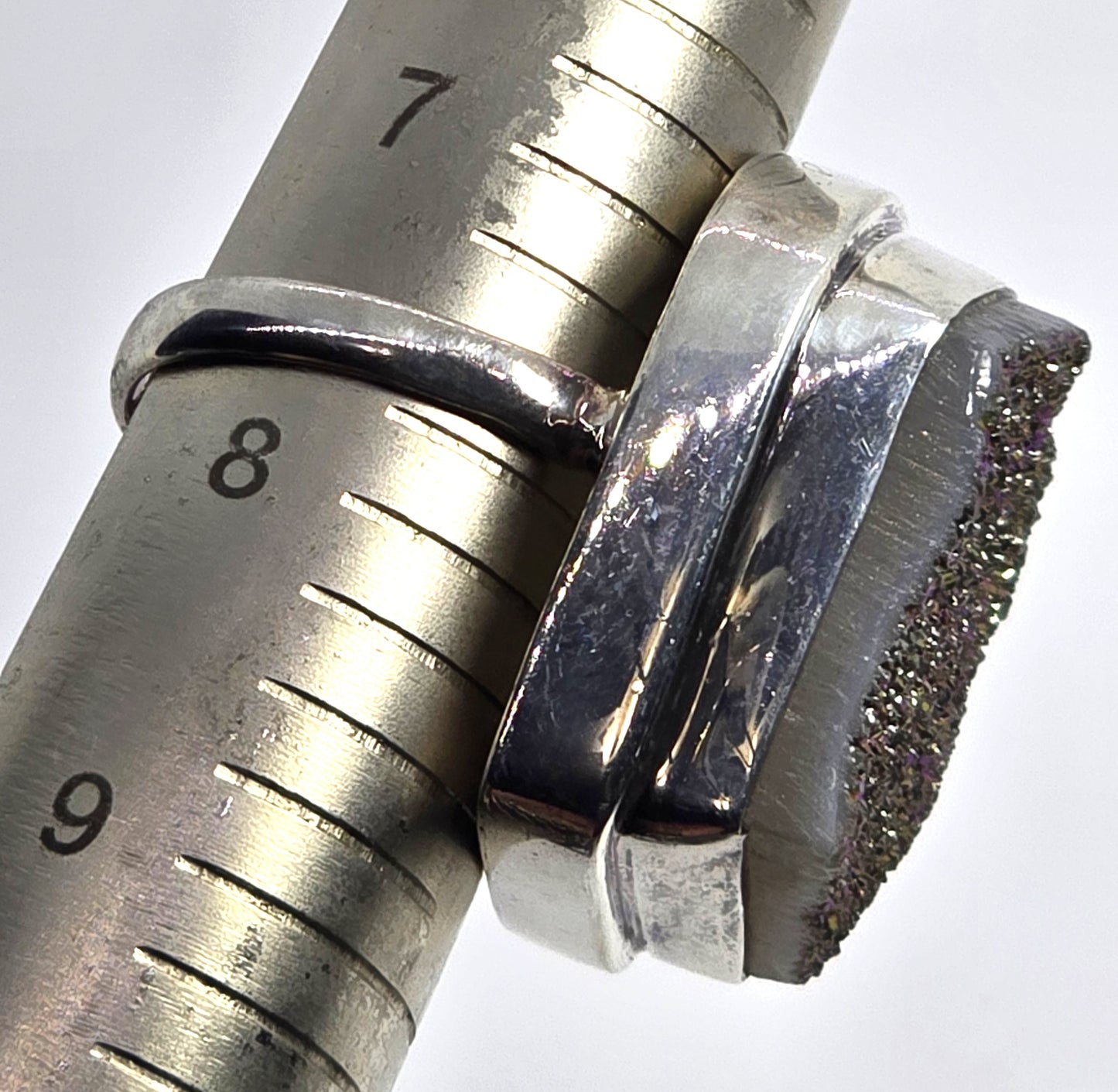 Large Peacock Aura Titanium Druzy quartz gemstone sterling silver ring size 7.5