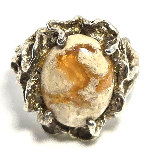 Mexican Opal large Brutalist vintage sterling silver crafted ring size 7